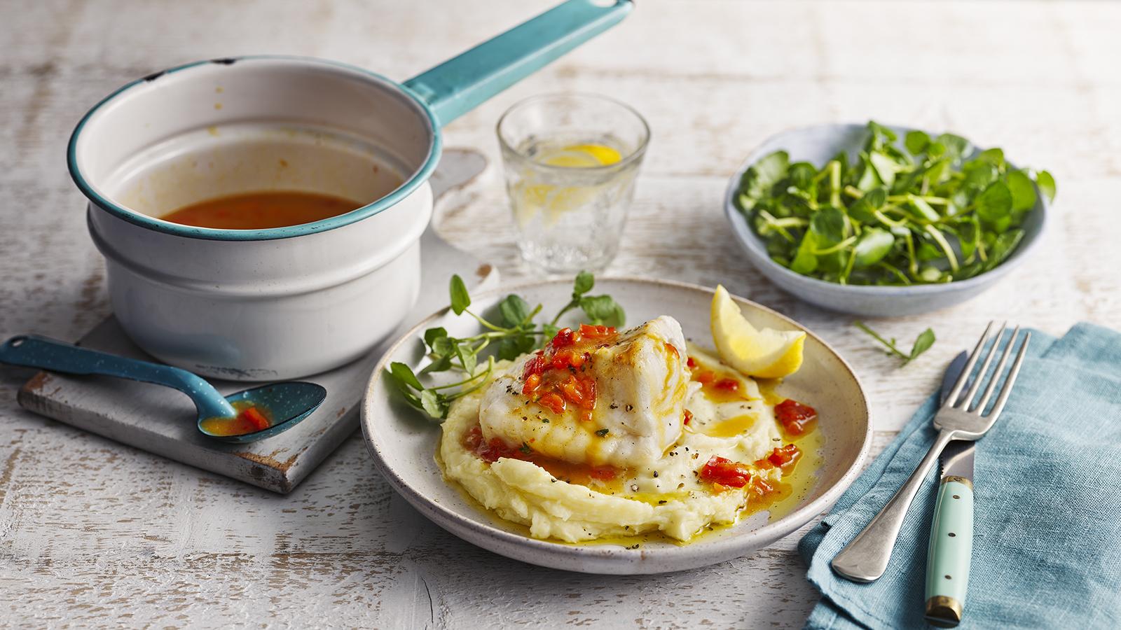 Grillade of monkfish tail with roasted red pepper sauce and olive oil mash