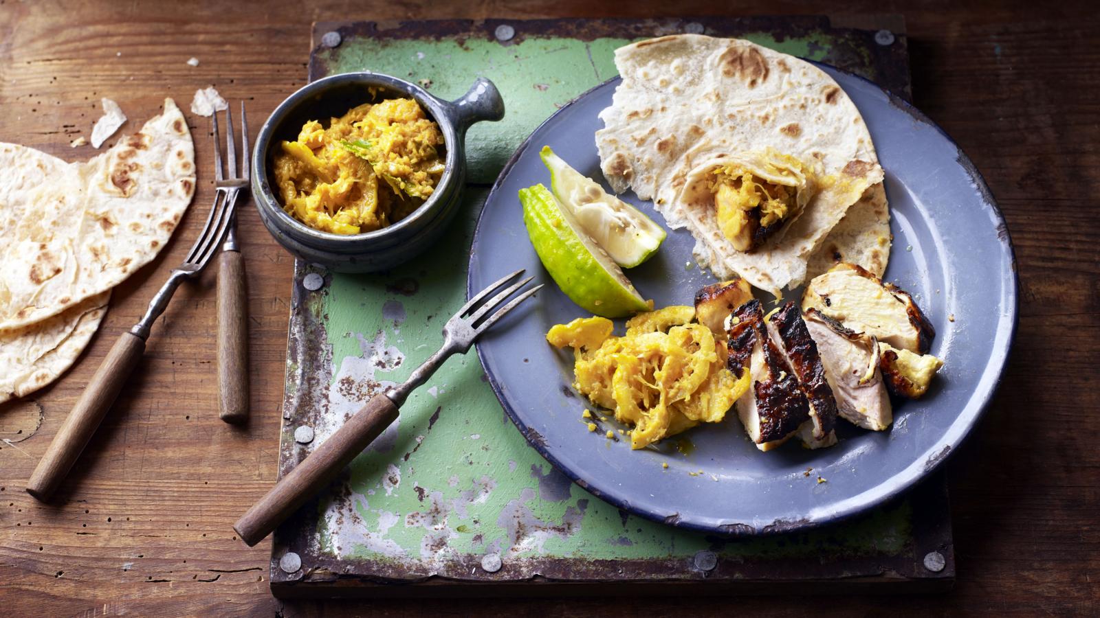 Grilled chicken shatkora with pickle and chapatis recipe - BBC Food