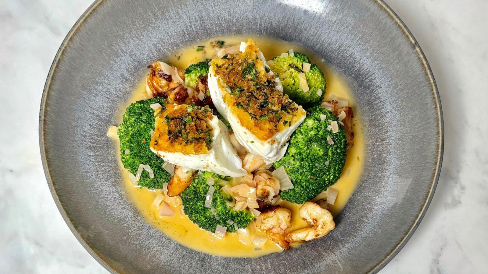 Halibut with prawn butter sauce