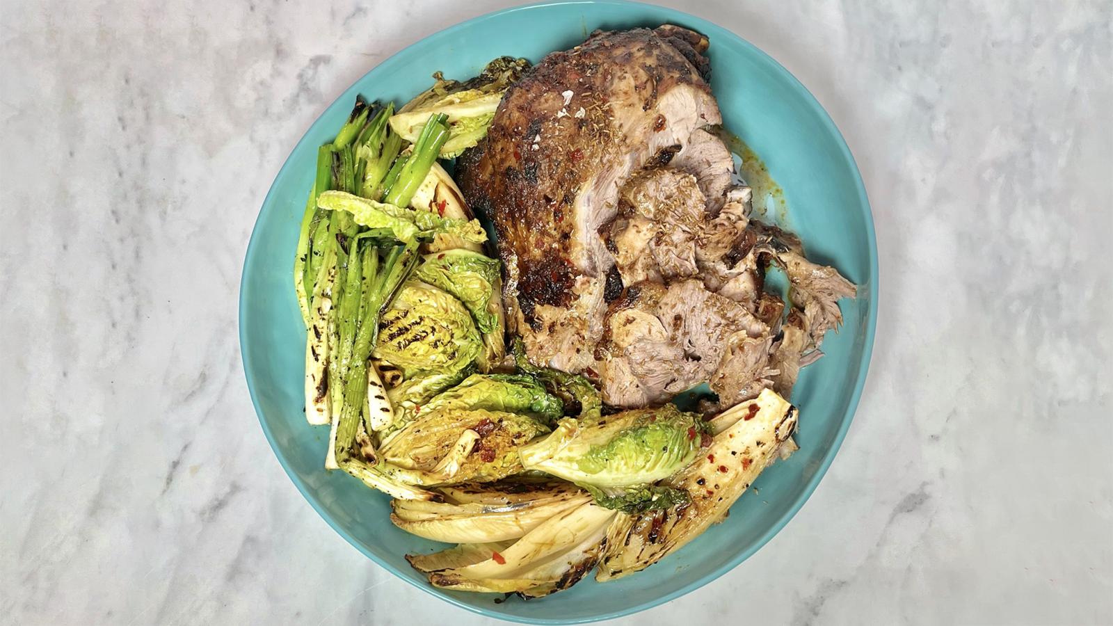 Harissa barbecued lamb with charred greens