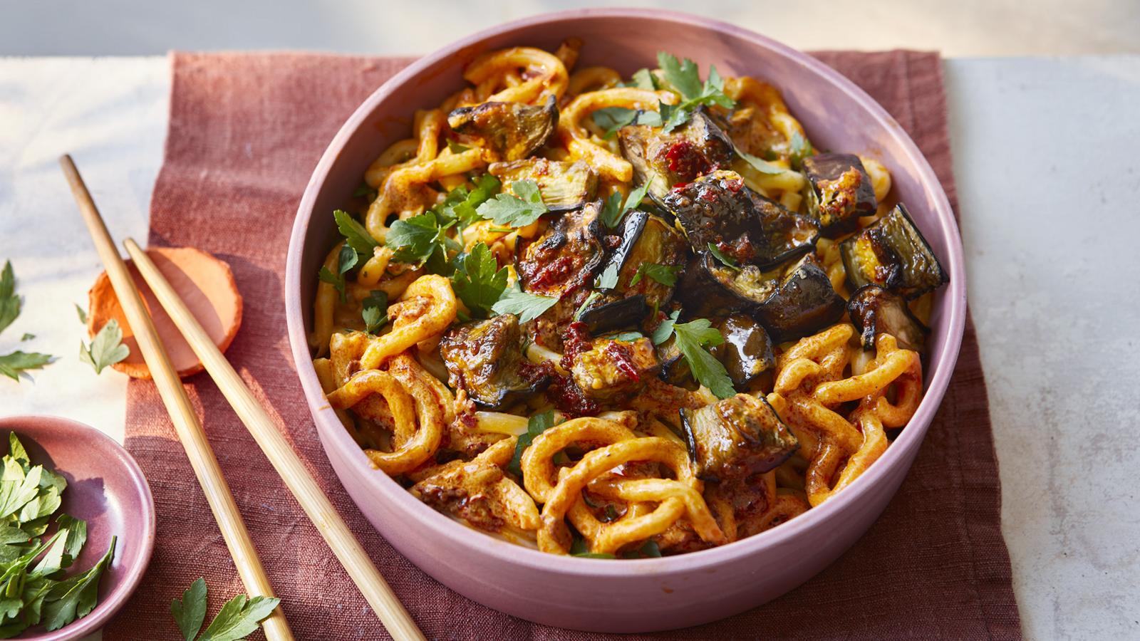 Harissa tahini noodles with charred aubergines