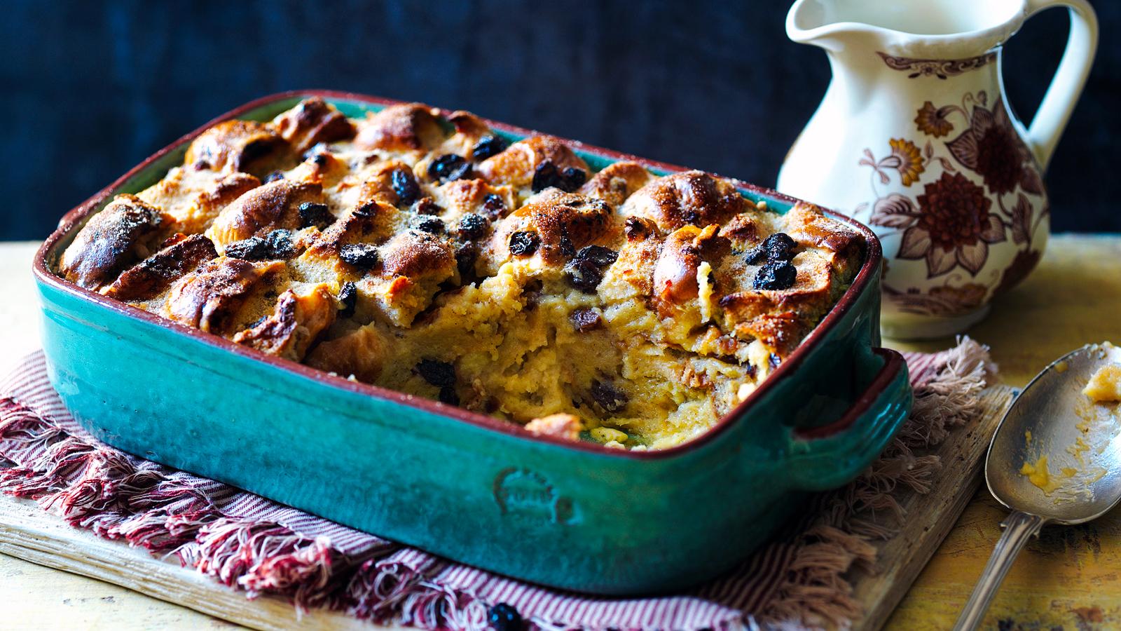 Hot cross bun bread and butter pudding