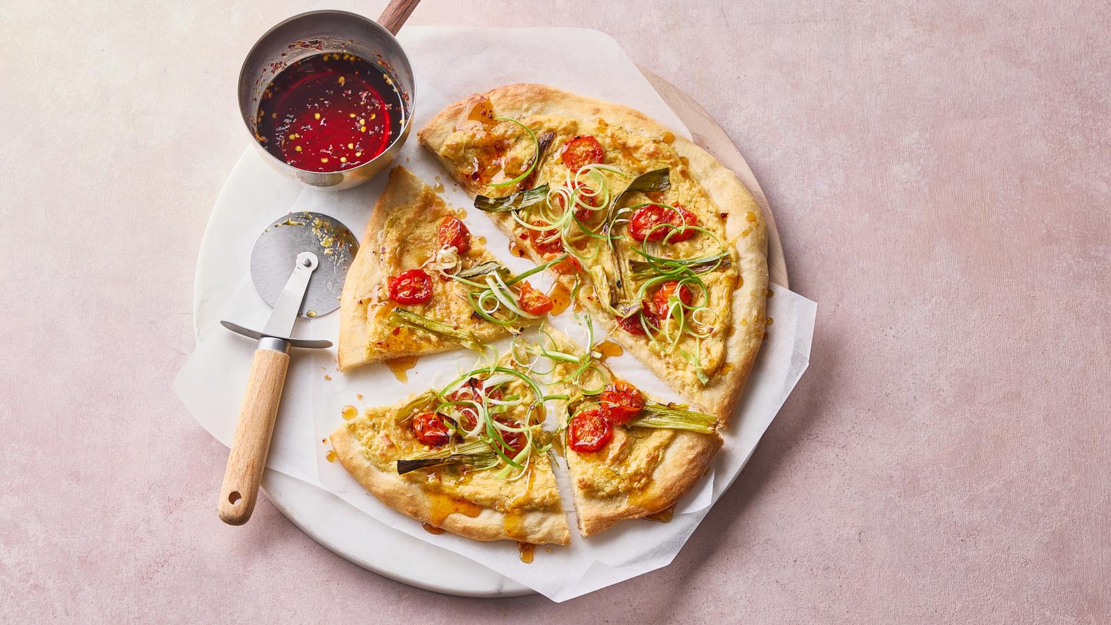 Spring onion flatbreads with hot maple sauce