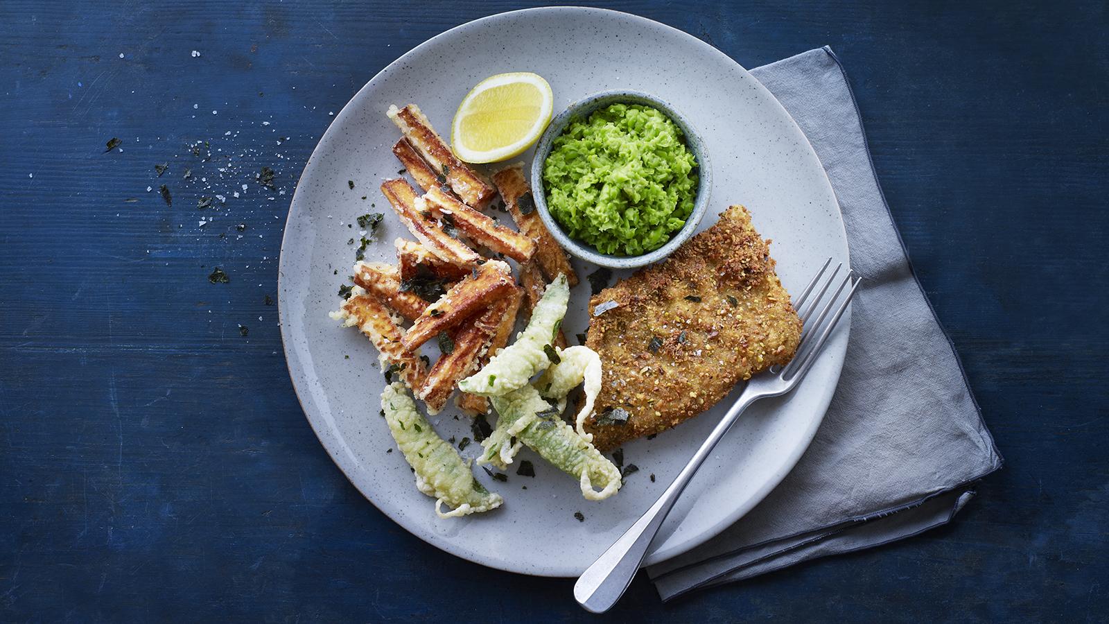 Cod in a pistachio and matcha crumb