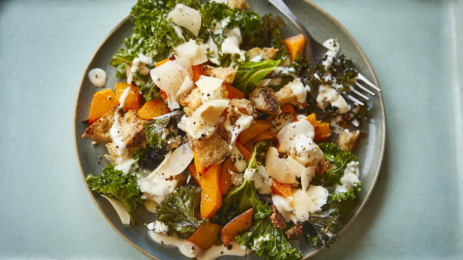 Kale and squash Caesar salad
