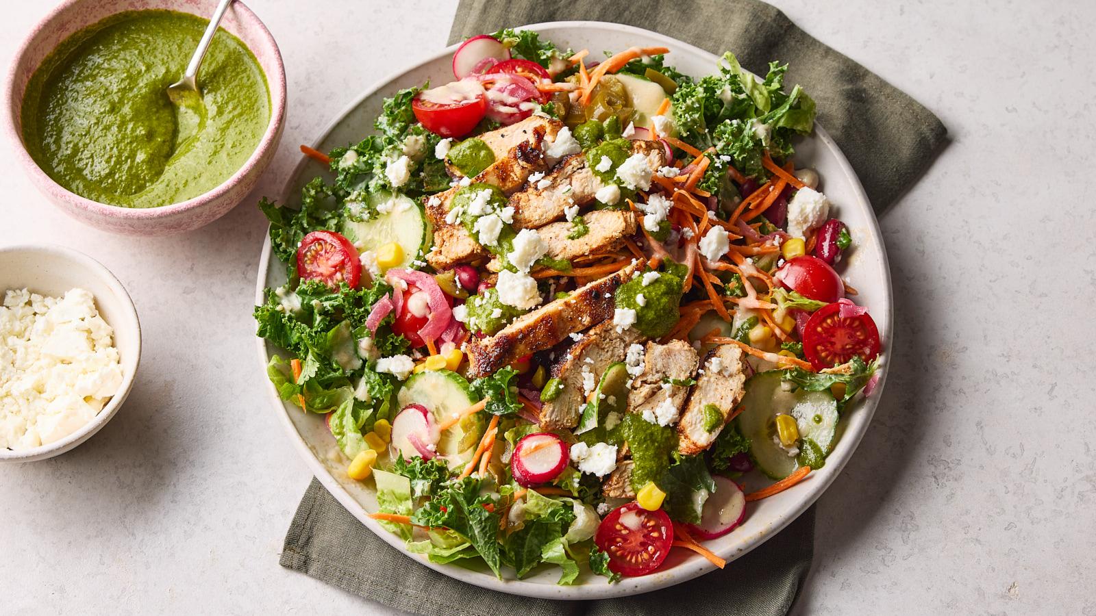 Blackened chicken, kale and tahini salad