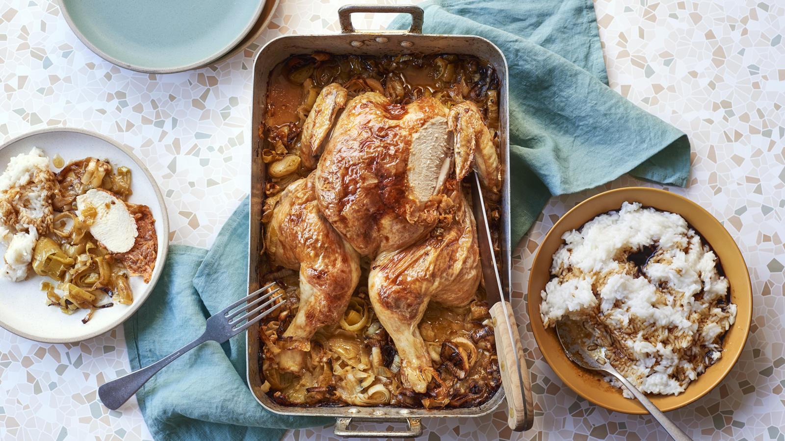 Kimchi chicken with buttery leeks and sticky rice recipe - BBC Food