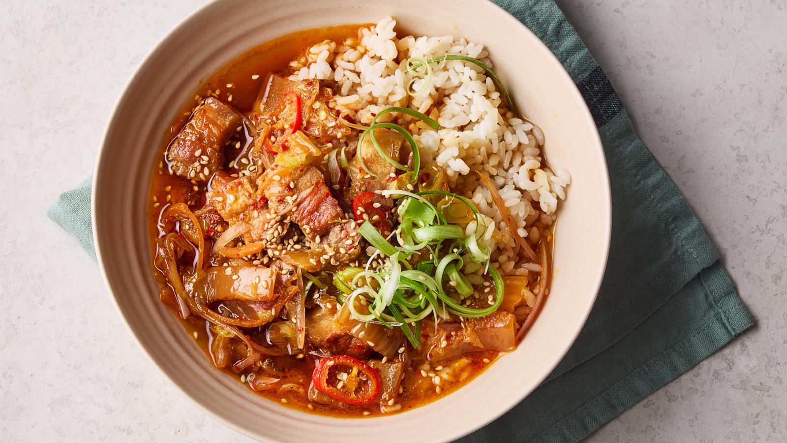Kimchi pork belly and rice stew