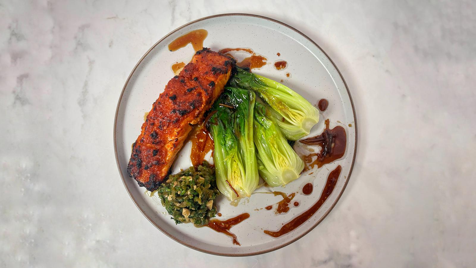 Korean-style grilled salmon with cucumber pickle