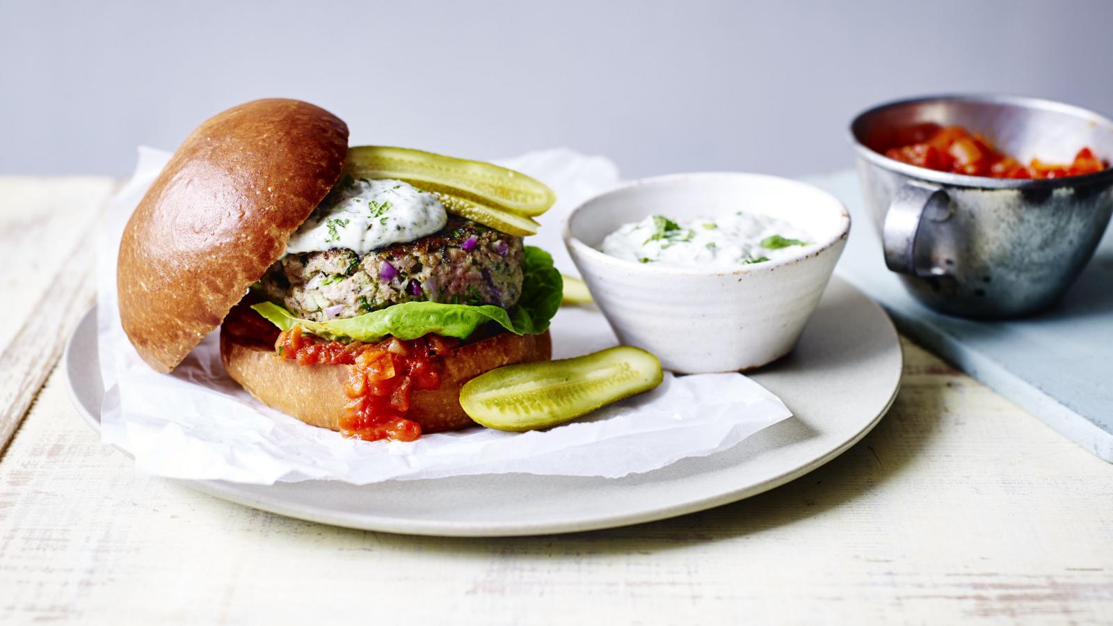 Lamb burgers with mint mayo and tomato relish