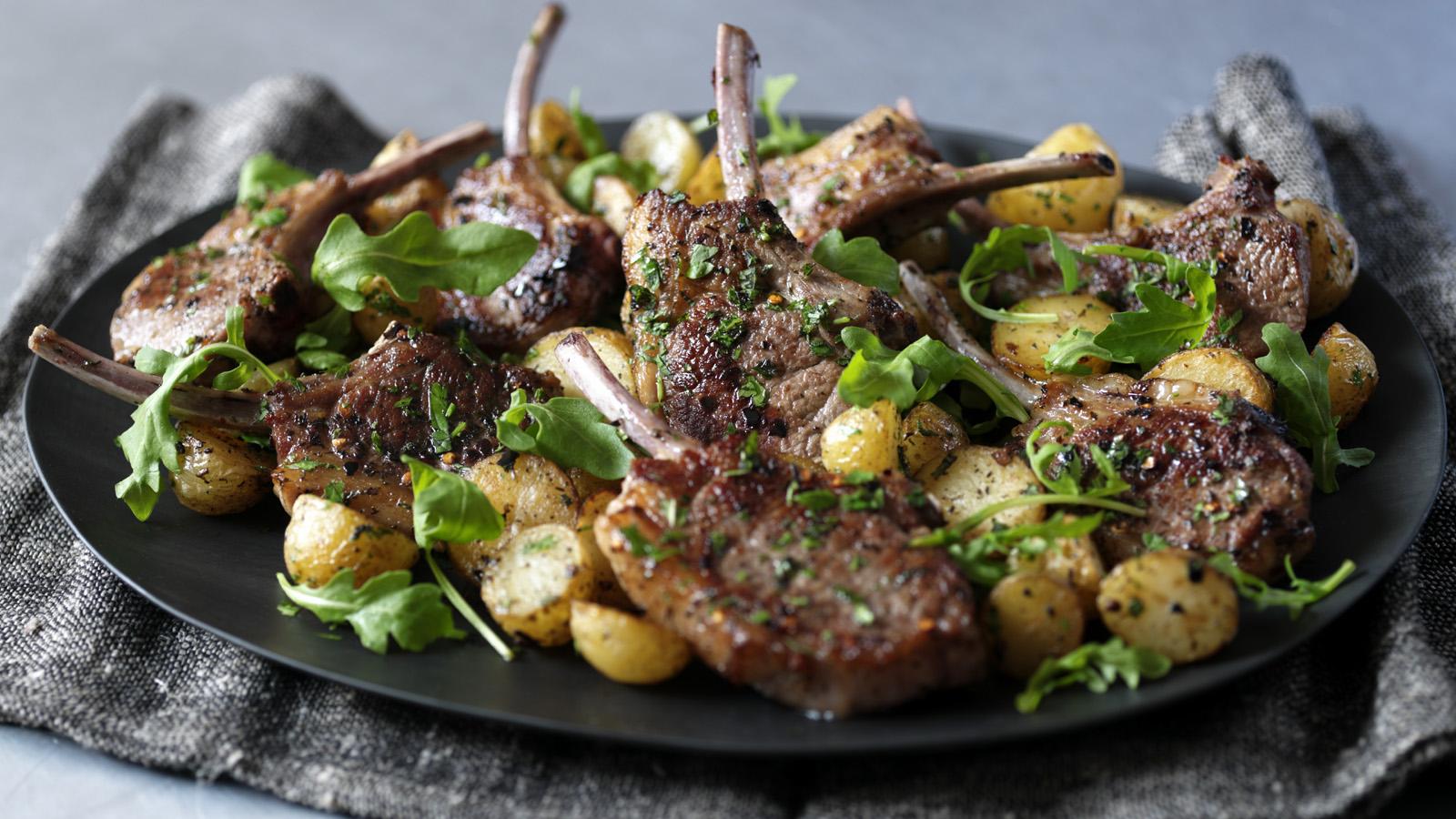 Lamb cutlets with mint, chilli and golden potatoes