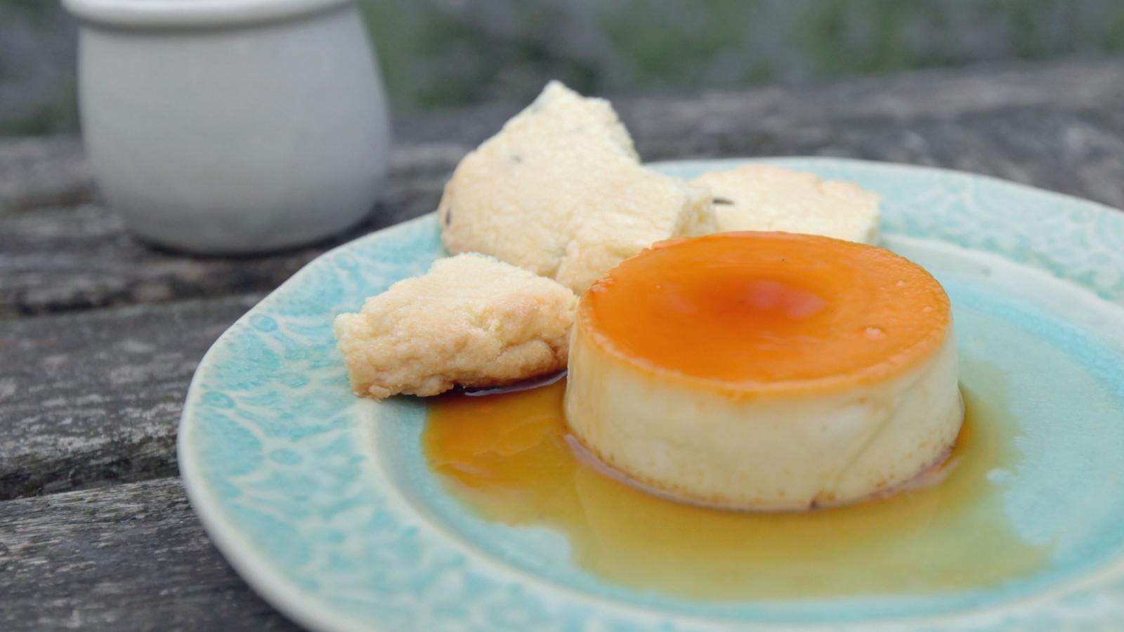 Lavender crème caramel with lavender shortbread
