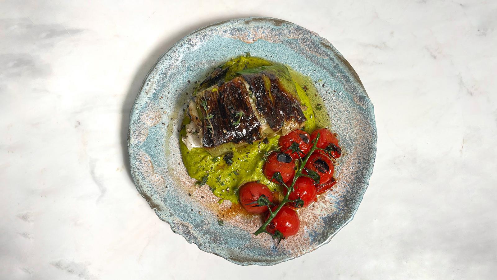Leek-wrapped cod with almond saffron sauce