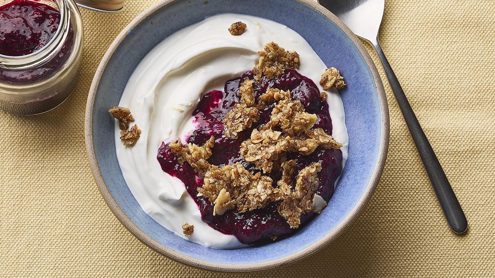 Lemon yoghurt bowls with chia jam and granola