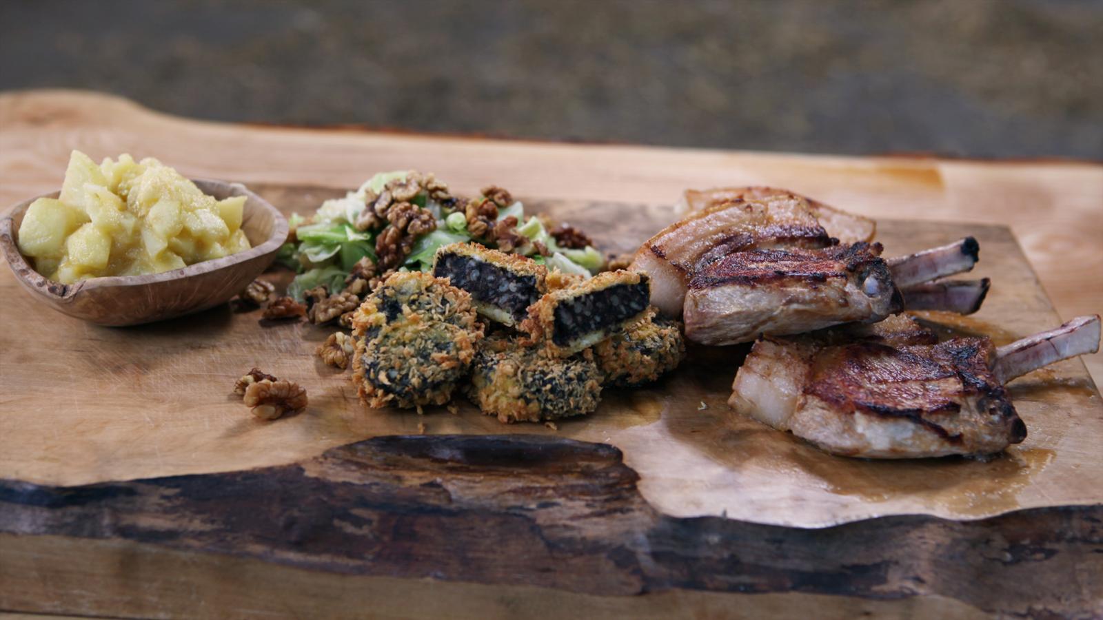 Pork loin with scrumpy sauce, candied walnuts and cabbage