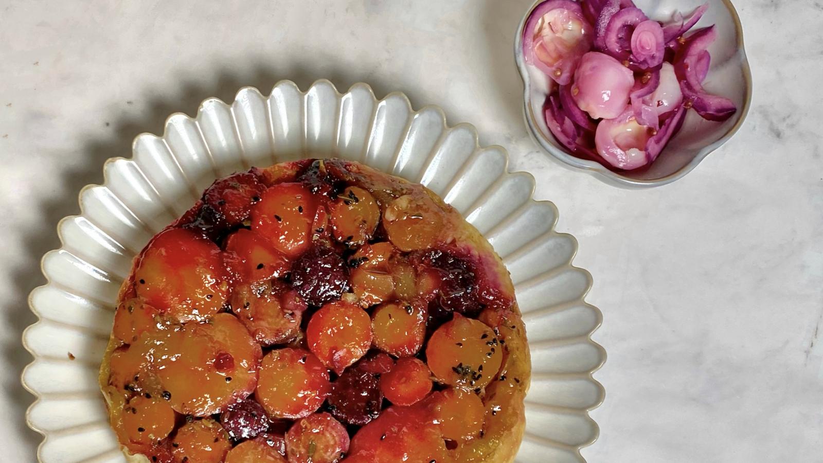 Mango rainbow roots tarte tatin