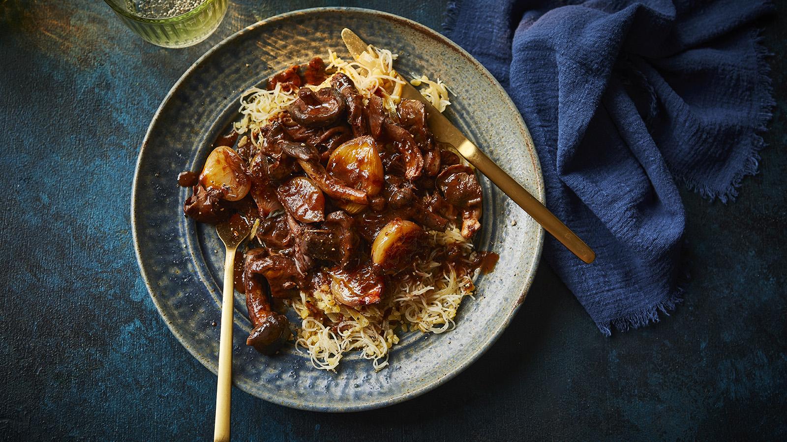 Manitaria stifado with bulgur wheat pilafi