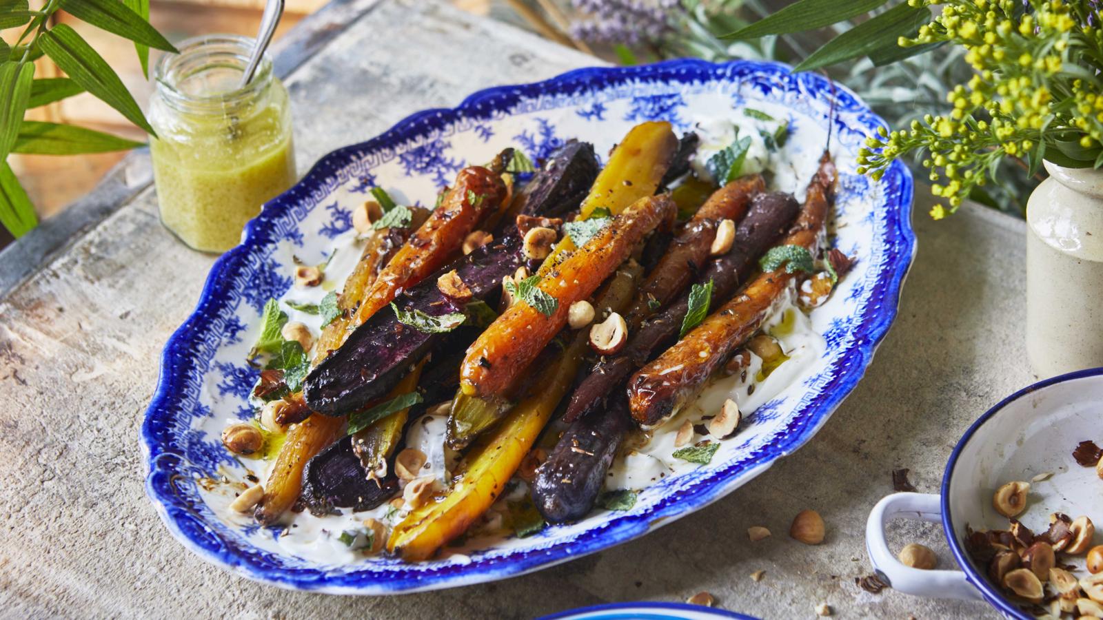 Maple grilled carrots with yoghurt, mint and hazelnut vinaigrette