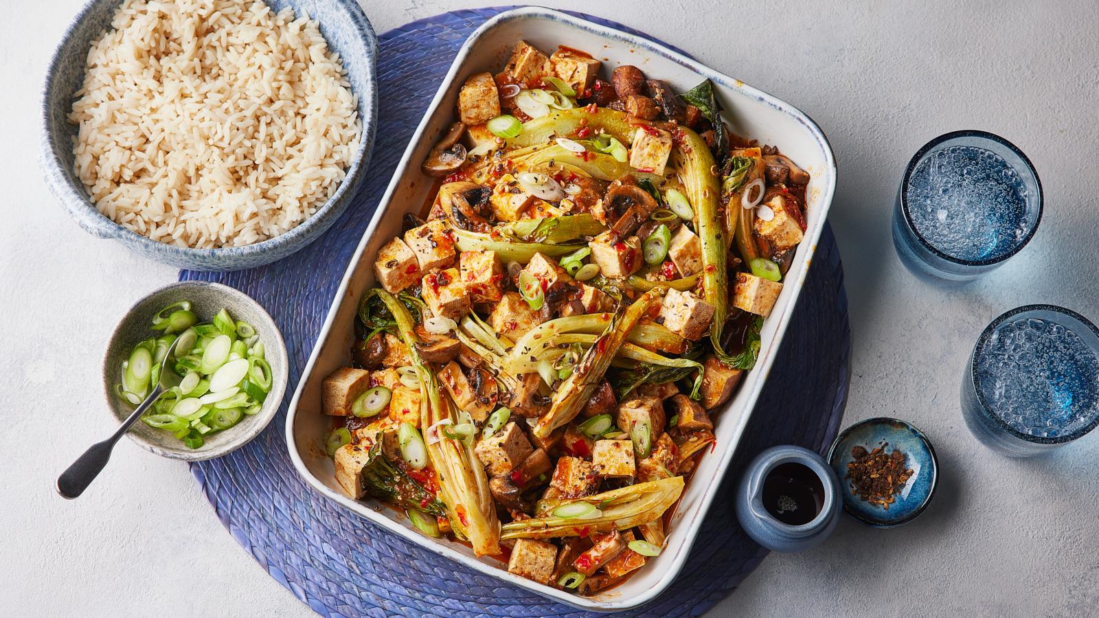 Mapo tofu traybake with mushrooms and pak choi