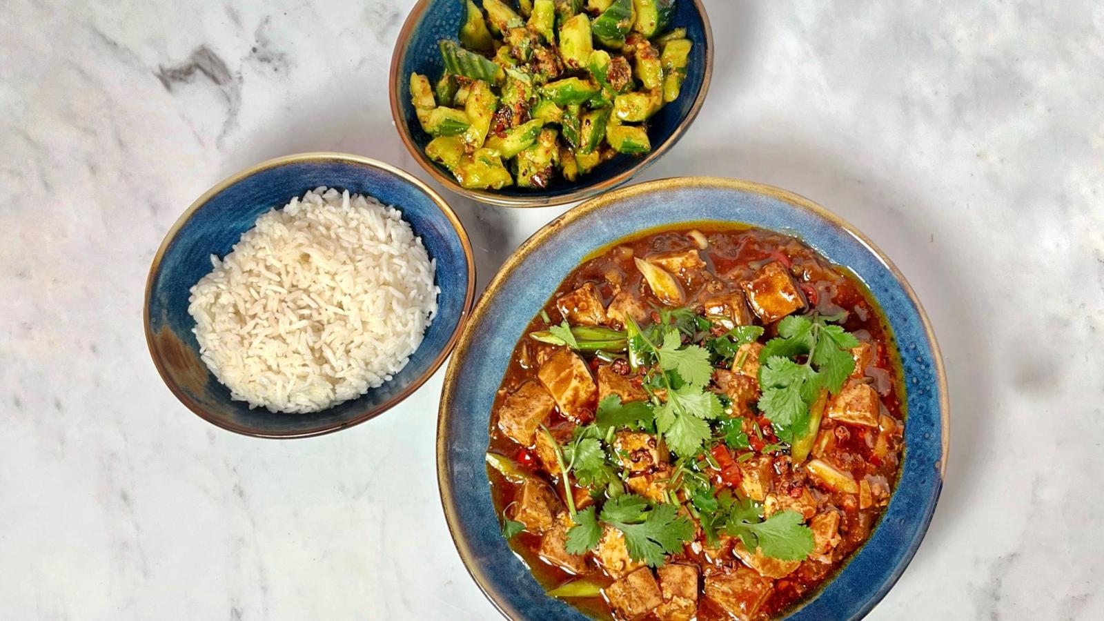 Mapo tofu with smashed cucumbers 