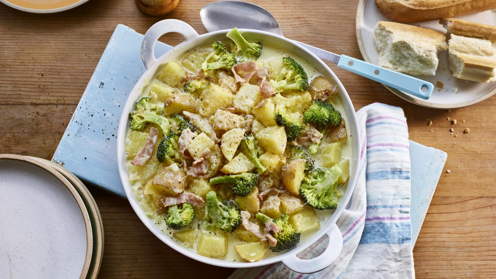 Microwave creamy bacon, broccoli and potato ‘bake’