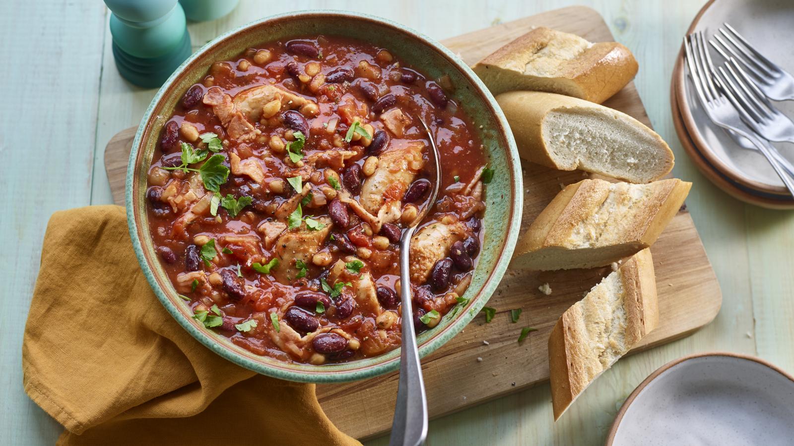Microwave sausage and bean stew with crusty bread 