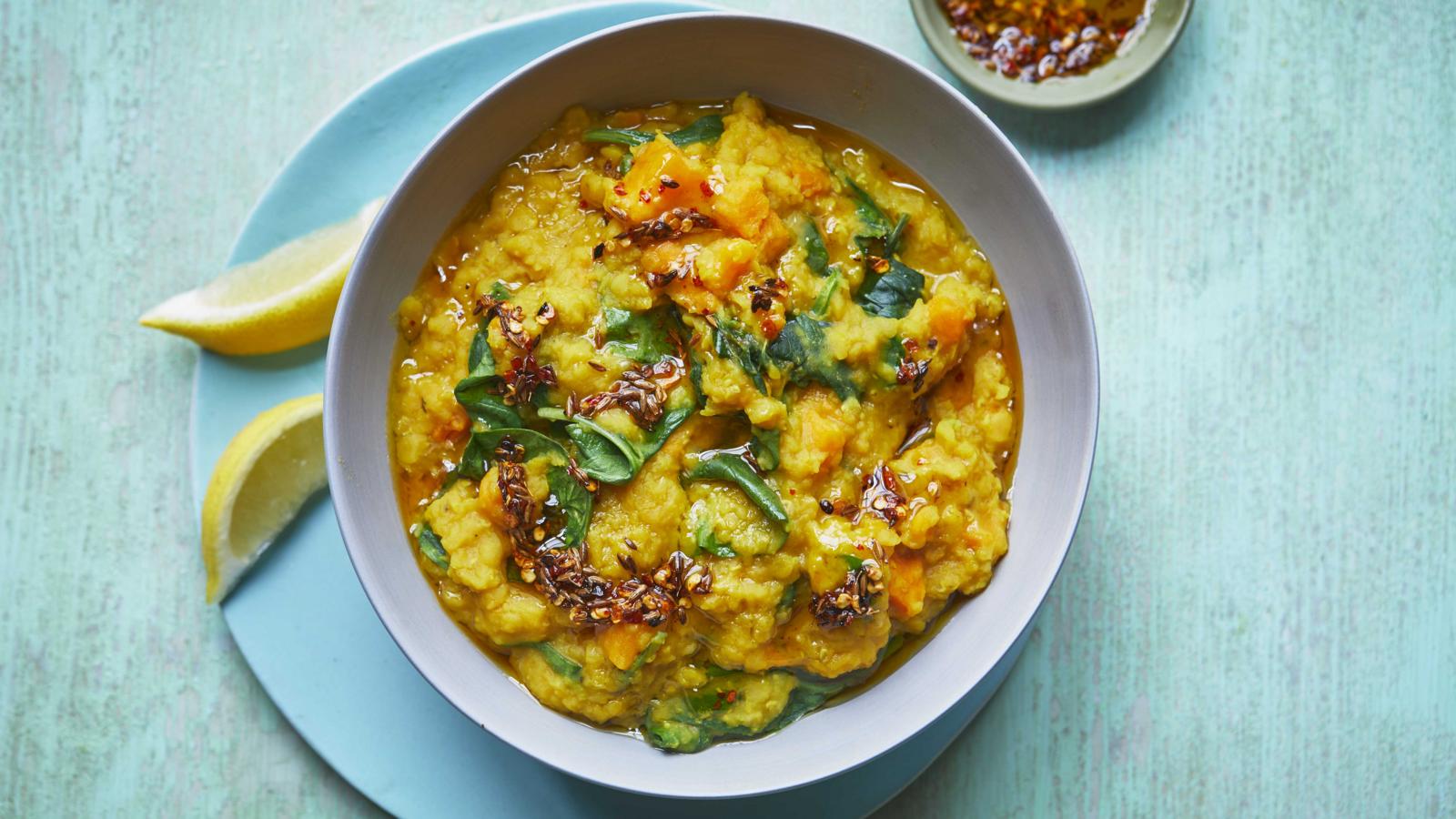 Microwave spinach and sweet potato dal