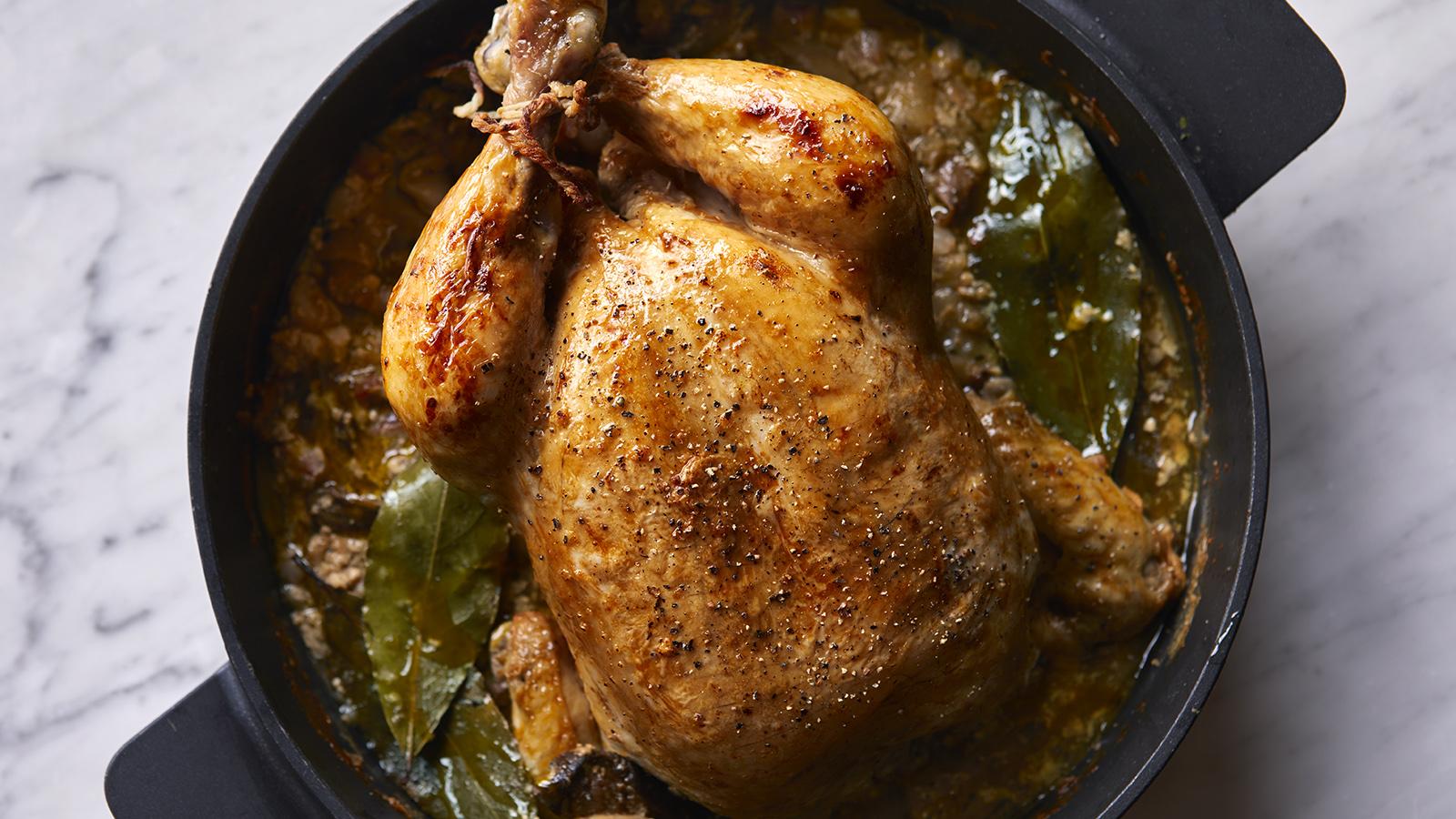 Milk roast chicken with pancetta, lemon and garlic