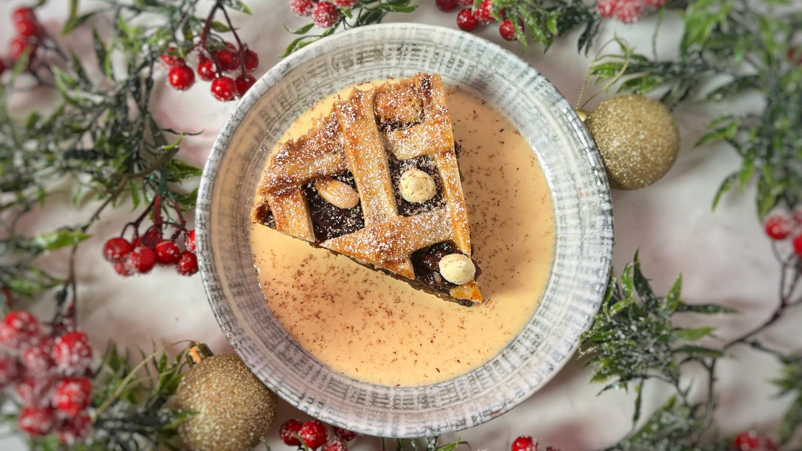 Mince pie and almond tart with custard