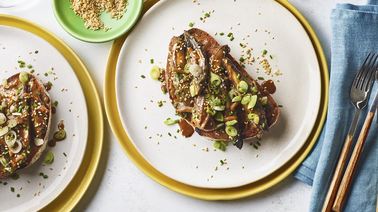 Miso-braised mushrooms on toast