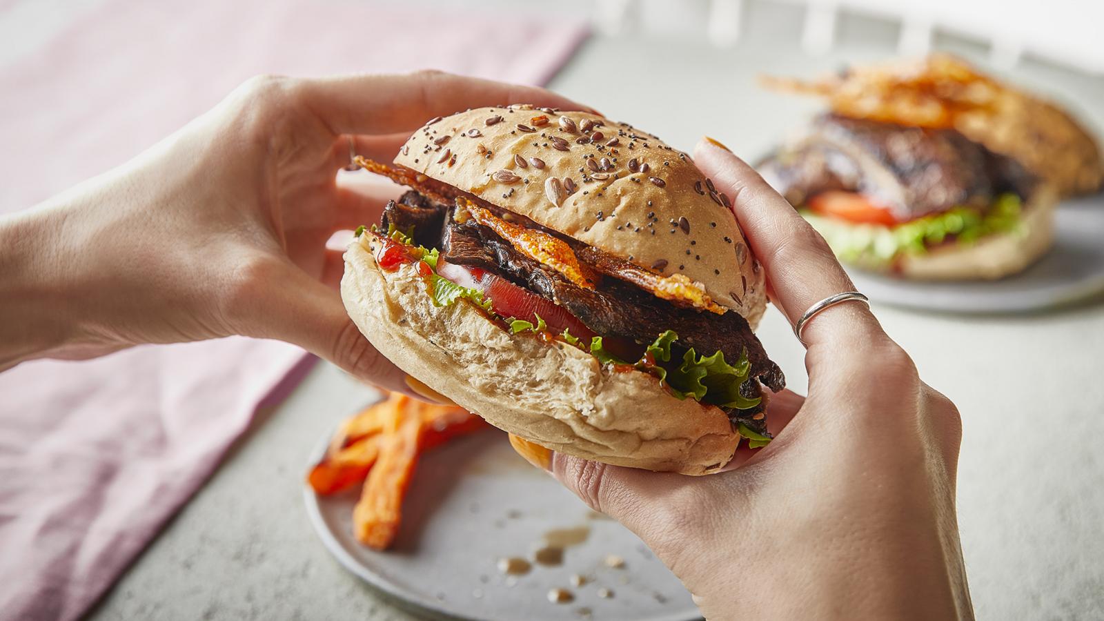 Miso mushroom burgers with crispy rice paper ‘crackling’