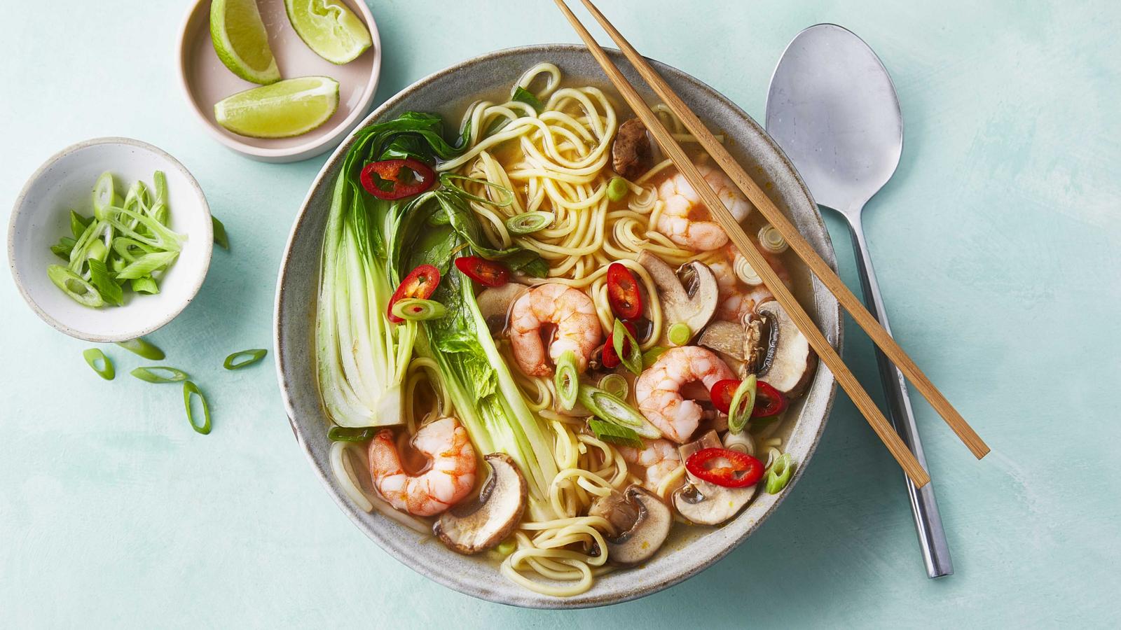 Miso, prawn and mushroom noodle bowl