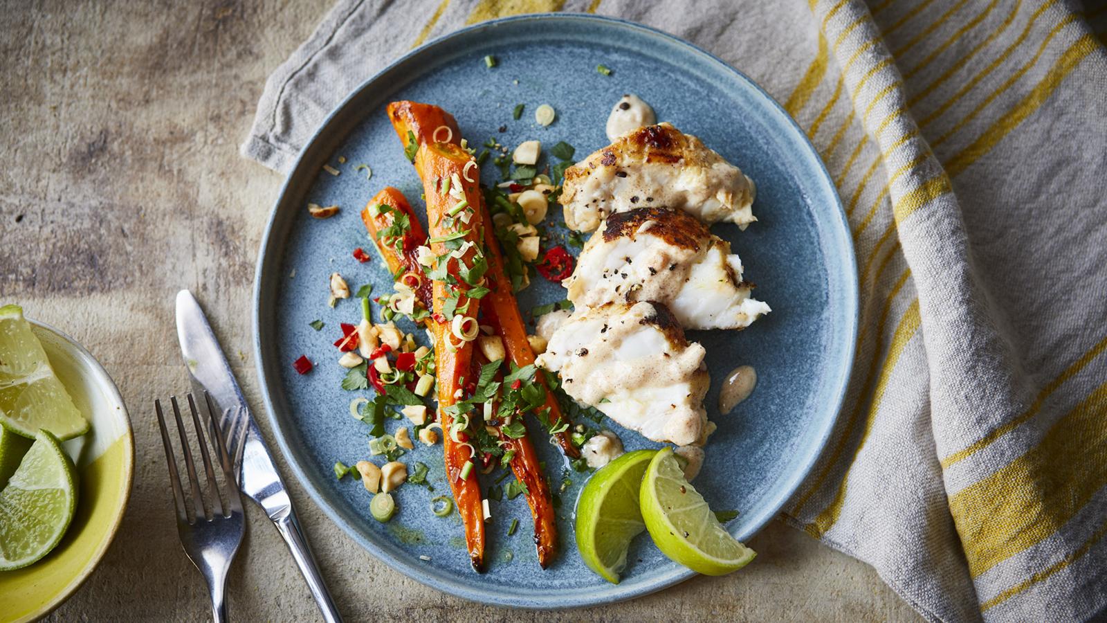 Monkfish satay, roast carrots, peanuts and lime