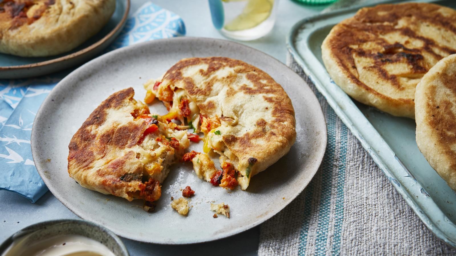 Mozzarella, roasted pepper & 'nduja stuffed pittas 