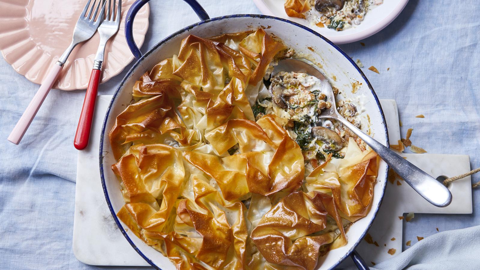 Creamy mushroom, lentil and spinach filo pie  