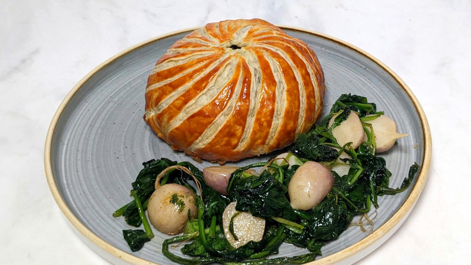 Mushroom Wellington with baby turnips and spinach