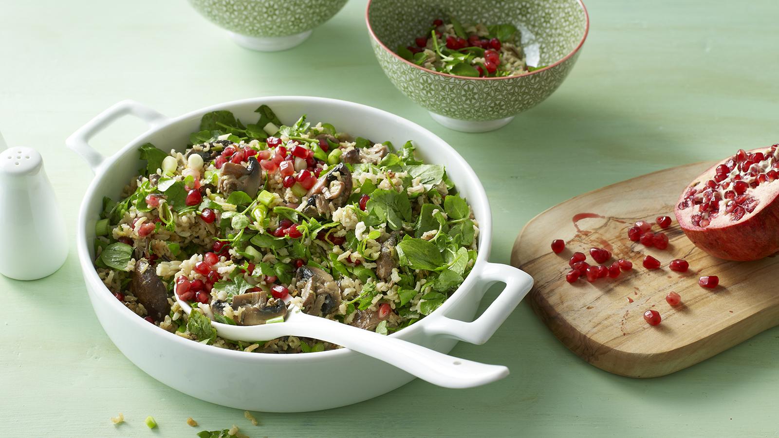 Mushroom wild rice salad with pomegranate and spring onion