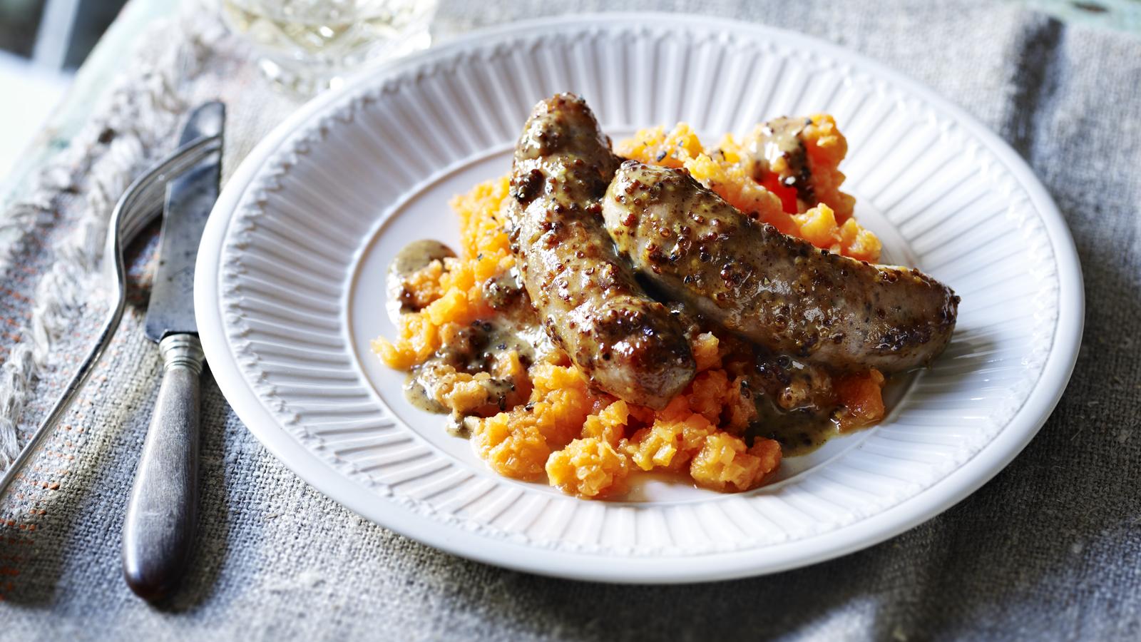 Mustard and lemon sausages with carrot mash
