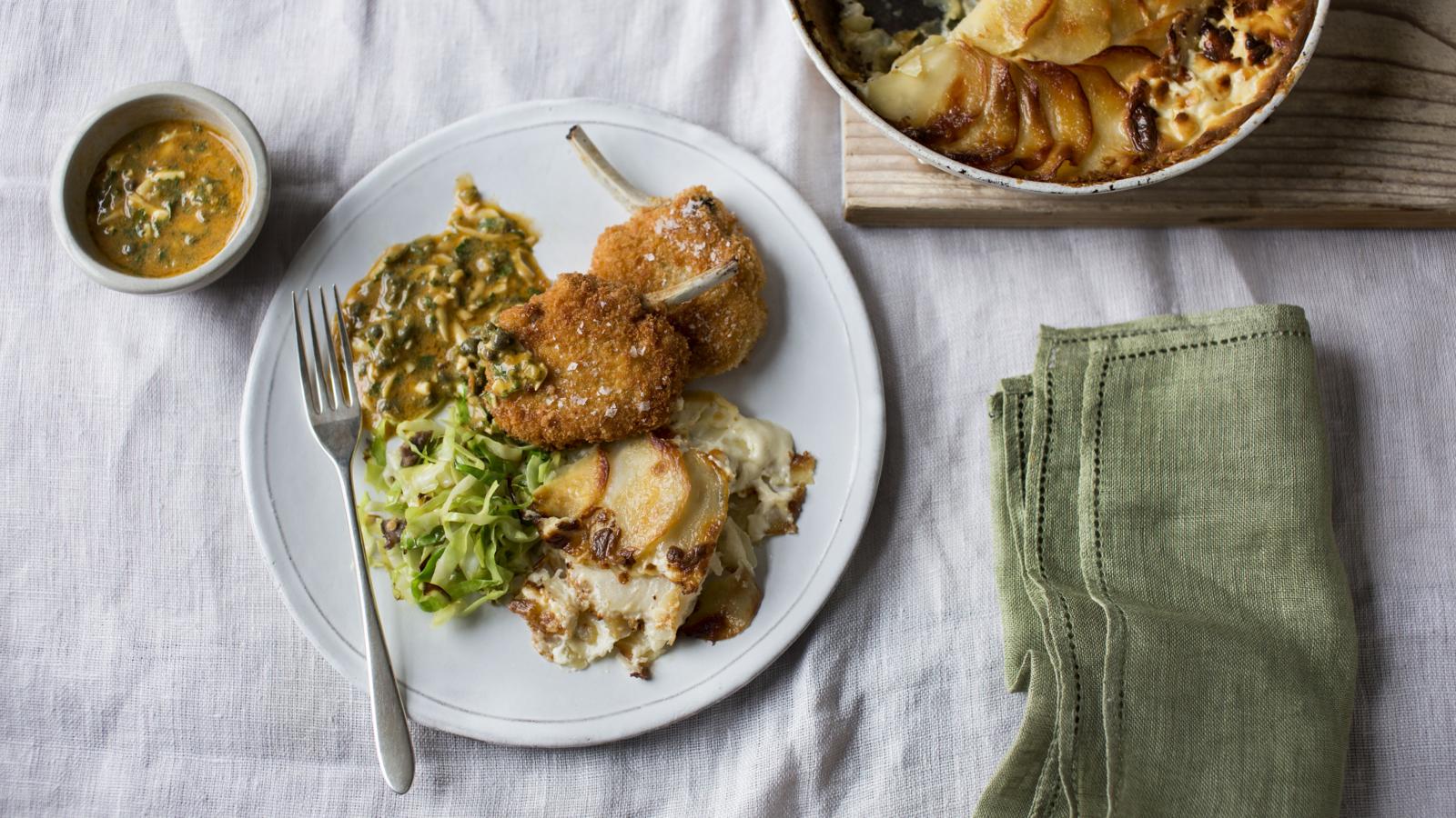 Mutton chops with potato and turnip gratin 