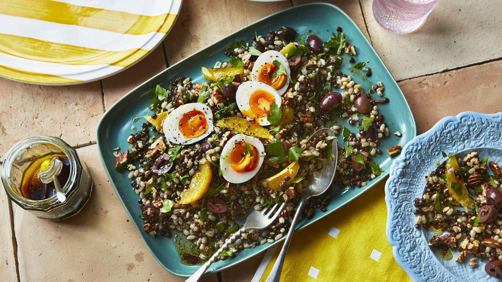 Orange, puy lentil and pearl barley salad with eggs