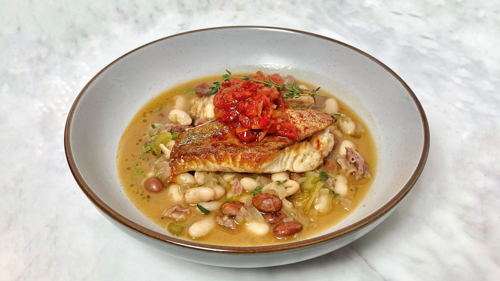 Pan-fried gurnard with beans, ham and red pepper relish