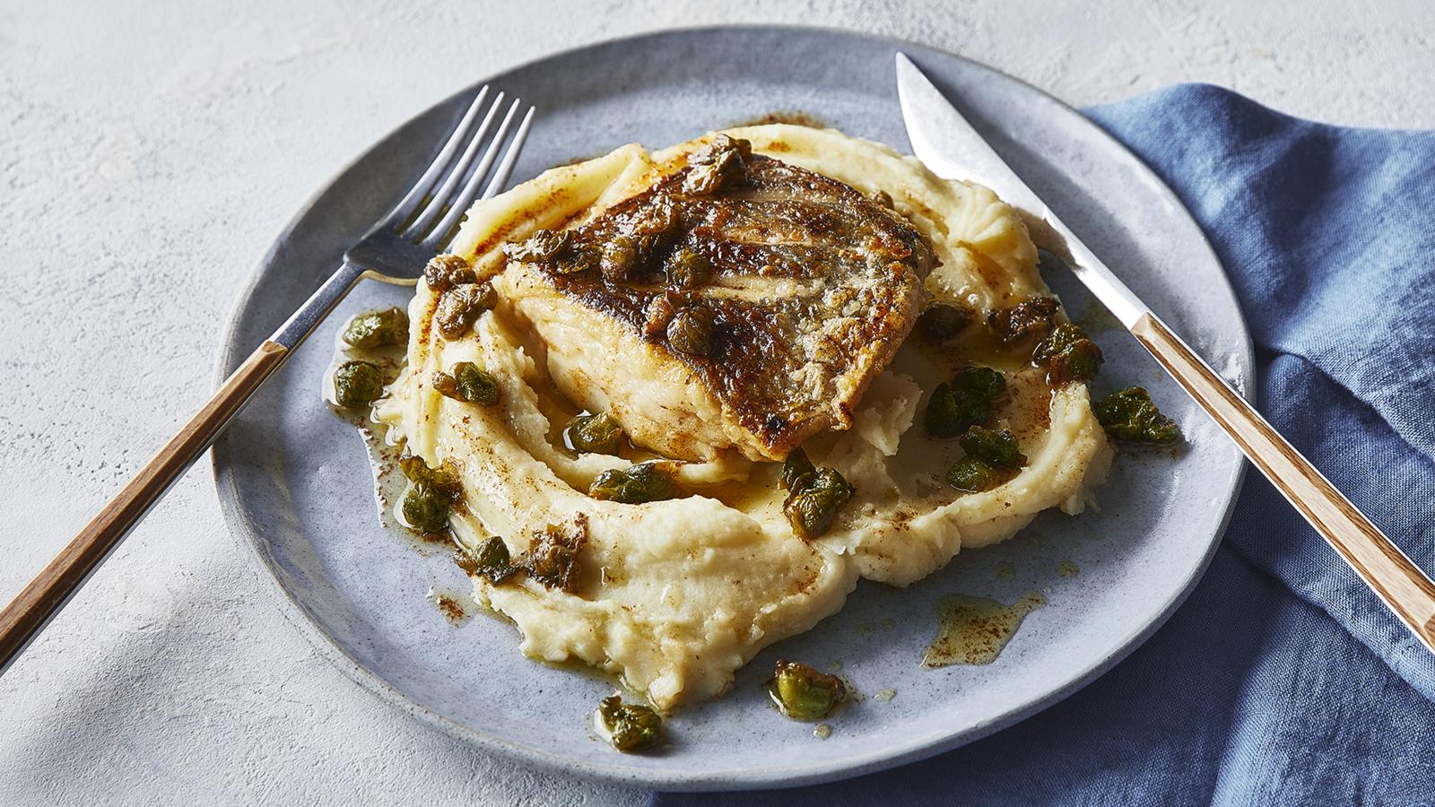 Pan-fried hake with caper and lemon butter sauce