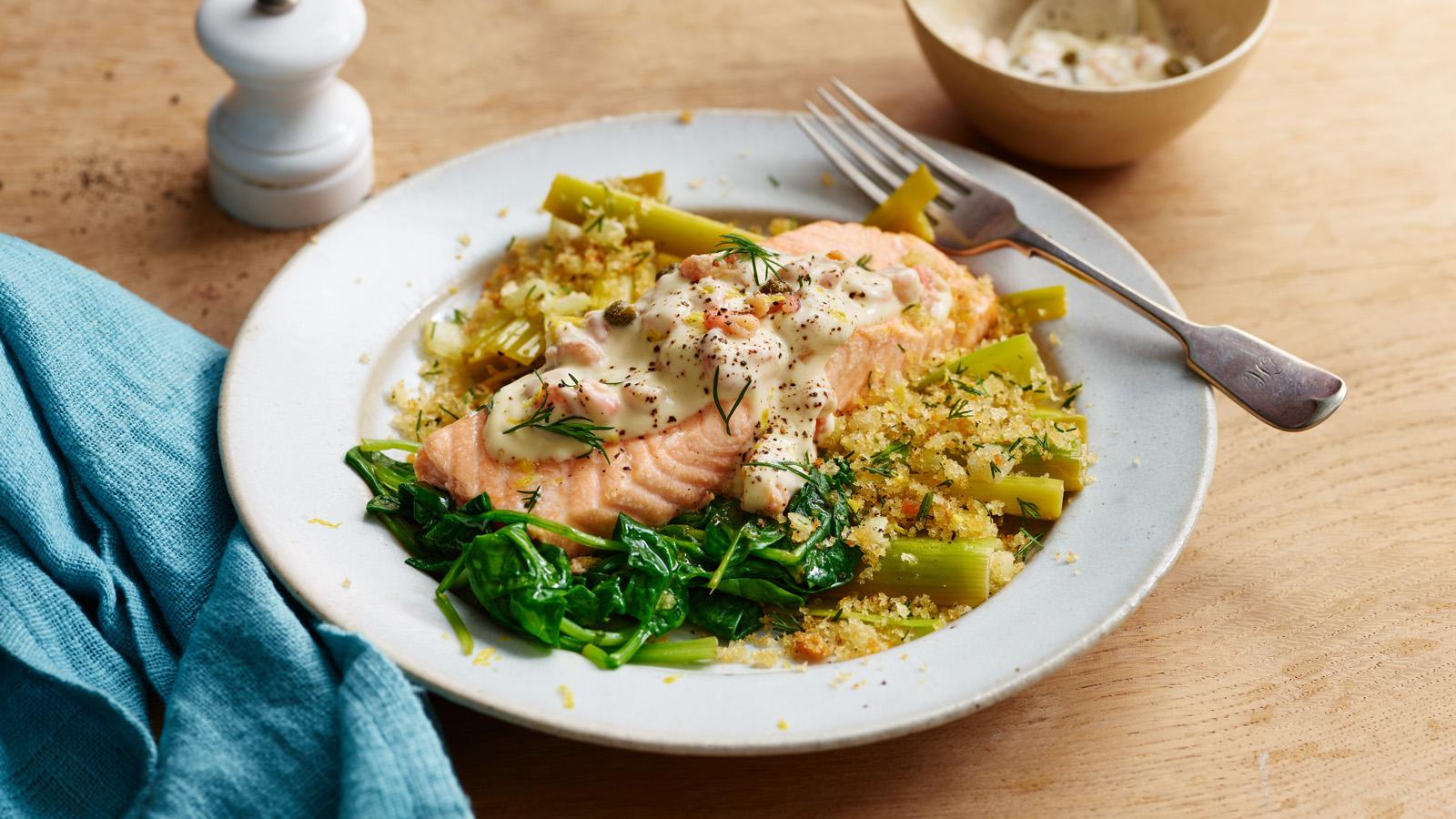 Salmon served with sautéed leeks and a dill crumb