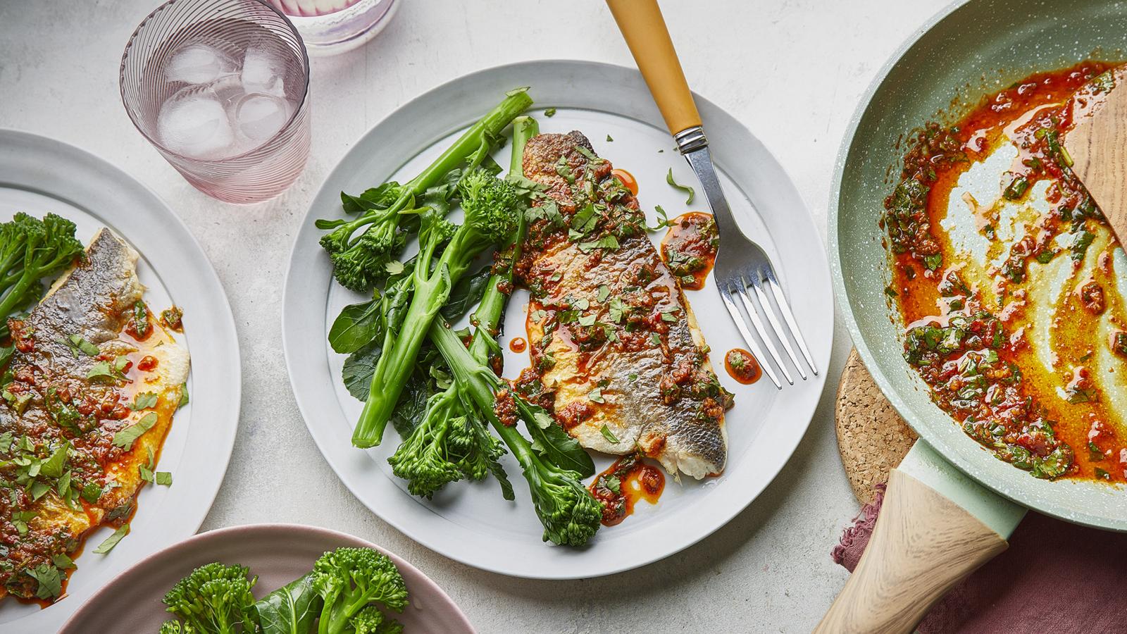 Pan-fried sea bass in harissa butter