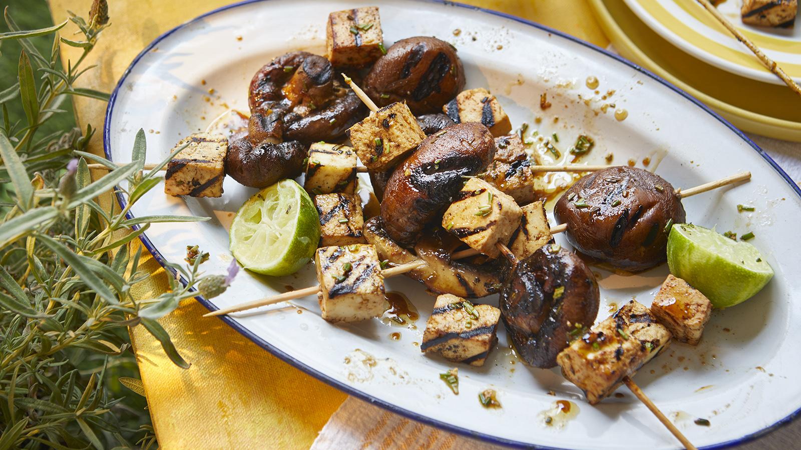 Barbecue paneer and mushroom skewers