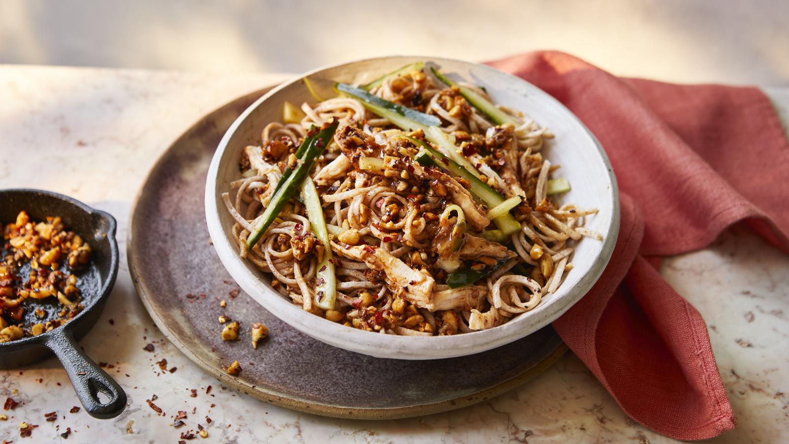 Peanut chilli crisp noodles with chicken and cucumber