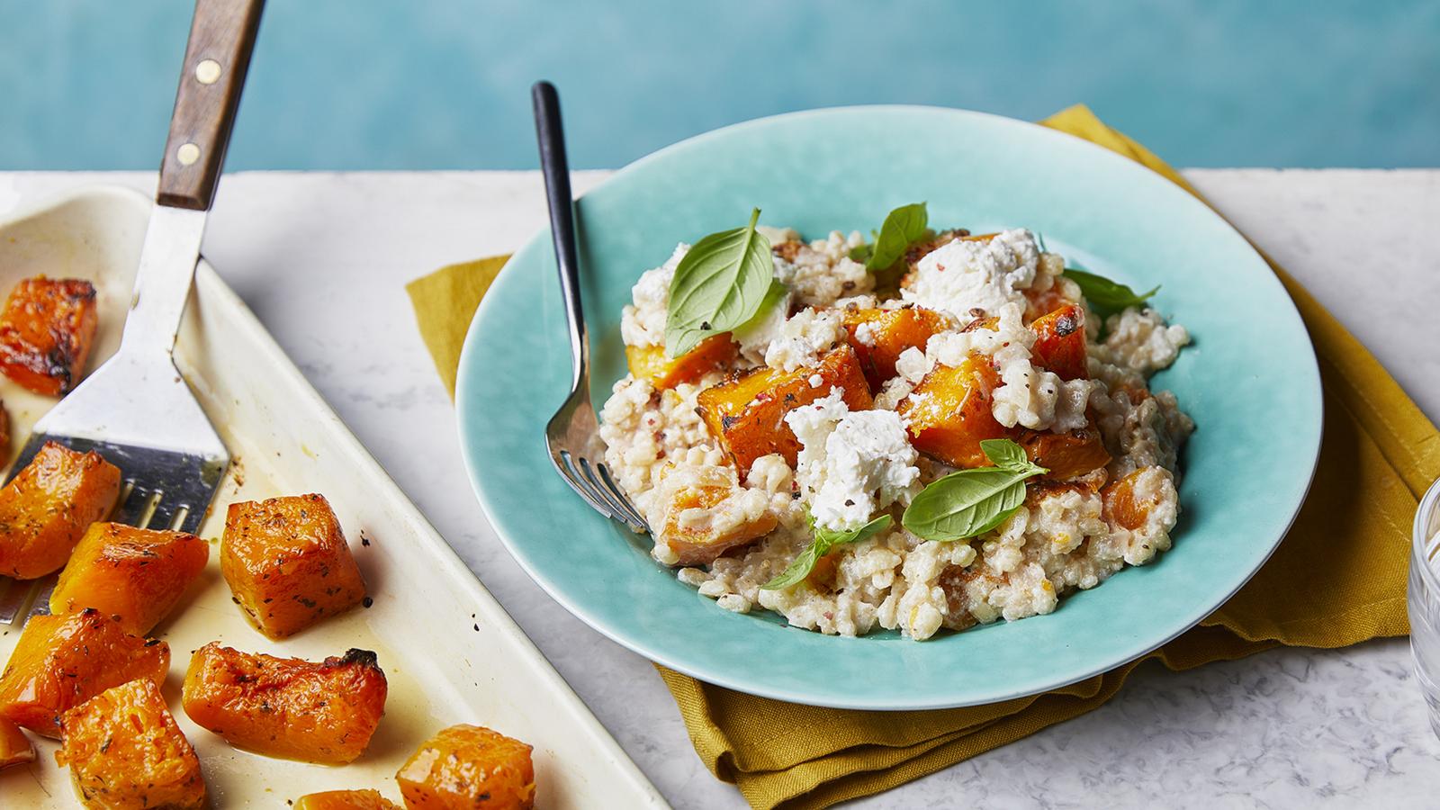 Pearl barley risotto with butternut squash, basil and ricotta 