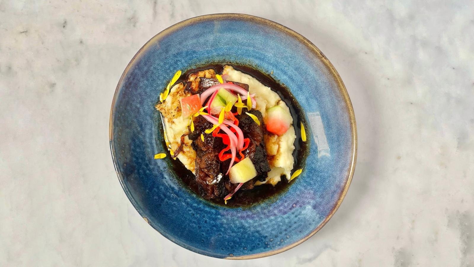 Pepperpot short ribs with whipped yam and pickles