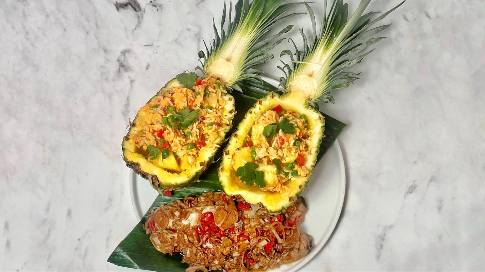 Pineapple fried rice and ikan bakar kecap