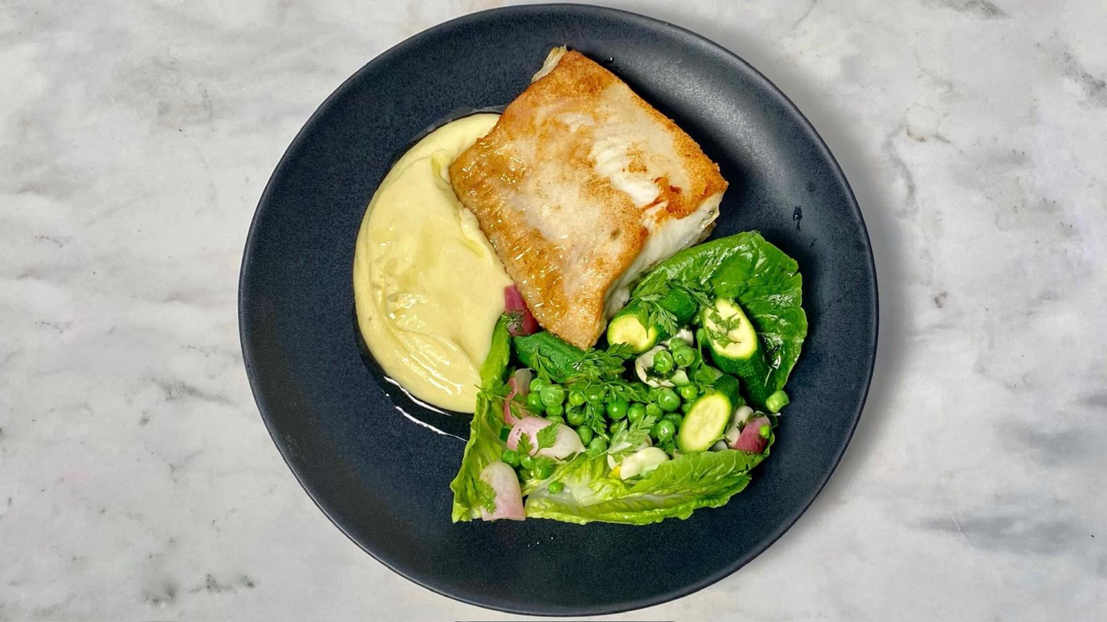 Plaice steak, buttered mash and summer veg